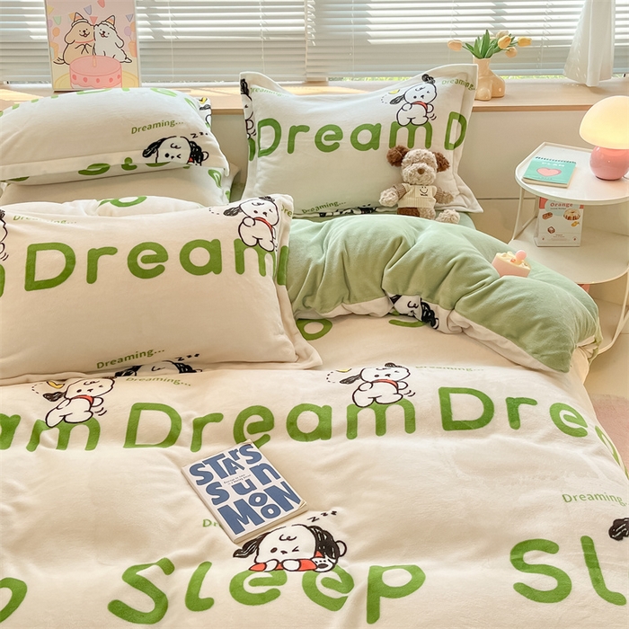 91家纺网 家纺一手货源 找家纺 2024新款A类AB版加厚保暖双面牛奶绒印花四件套--小清新系列 睡觉动物