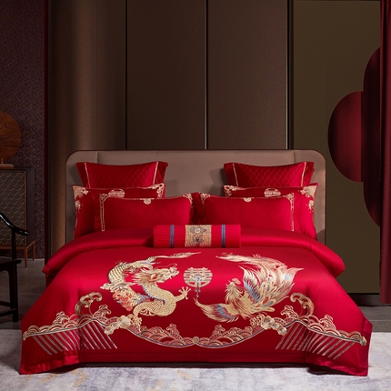 91家纺网 家纺一手货源 找家纺 2025新款40s全棉长绒棉新中式刺绣婚庆四件套多件套 龙腾凤跃