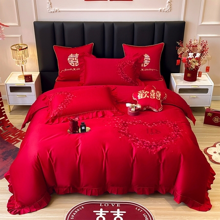 91家纺网 家纺一手货源 找家纺 甜咪咪婚庆 2024新品婚庆结婚刺绣新中式全棉四件套多件套 甜蜜婚礼