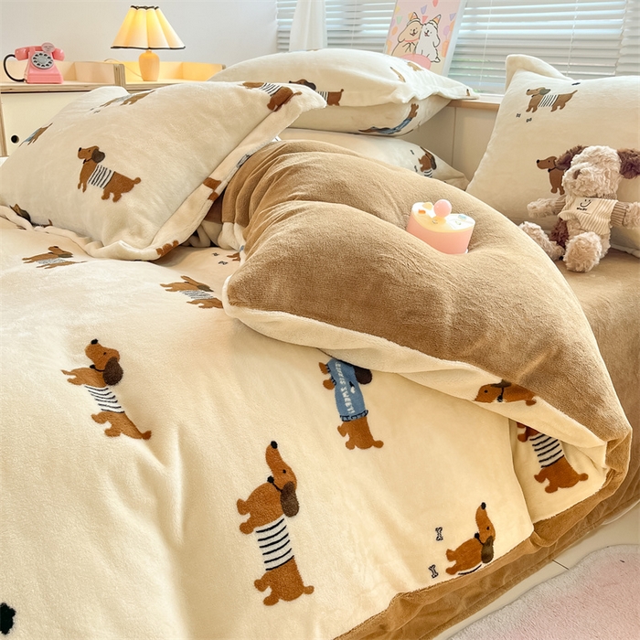 91家纺网 家纺一手货源 找家纺 2024新款A类AB版加厚保暖双面牛奶绒印花四件套--小清新系列 小狗