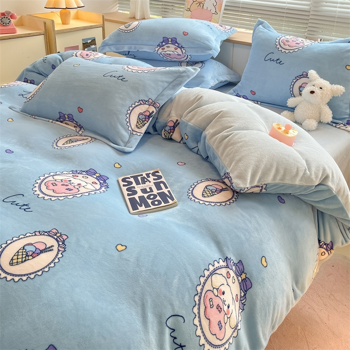 91家纺网 家纺一手货源 找家纺 2024新款A类AB版加厚保暖双面牛奶绒印花四件套--小清新系列 蓝底兔