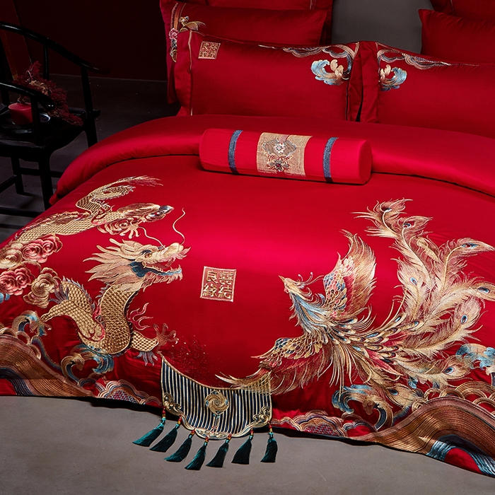 91家纺网 家纺一手货源 找家纺 2025新款长绒棉长绒棉贡缎提花款新中式古典韵味精美刺绣婚庆四件套多件套 龙凤喜缘