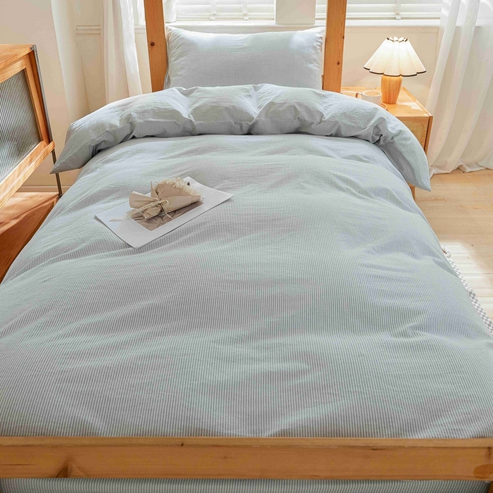 91家纺网 家纺一手货源 找家纺 韩约家纺 2024新款全棉水洗棉三四件套 米条-雾蓝