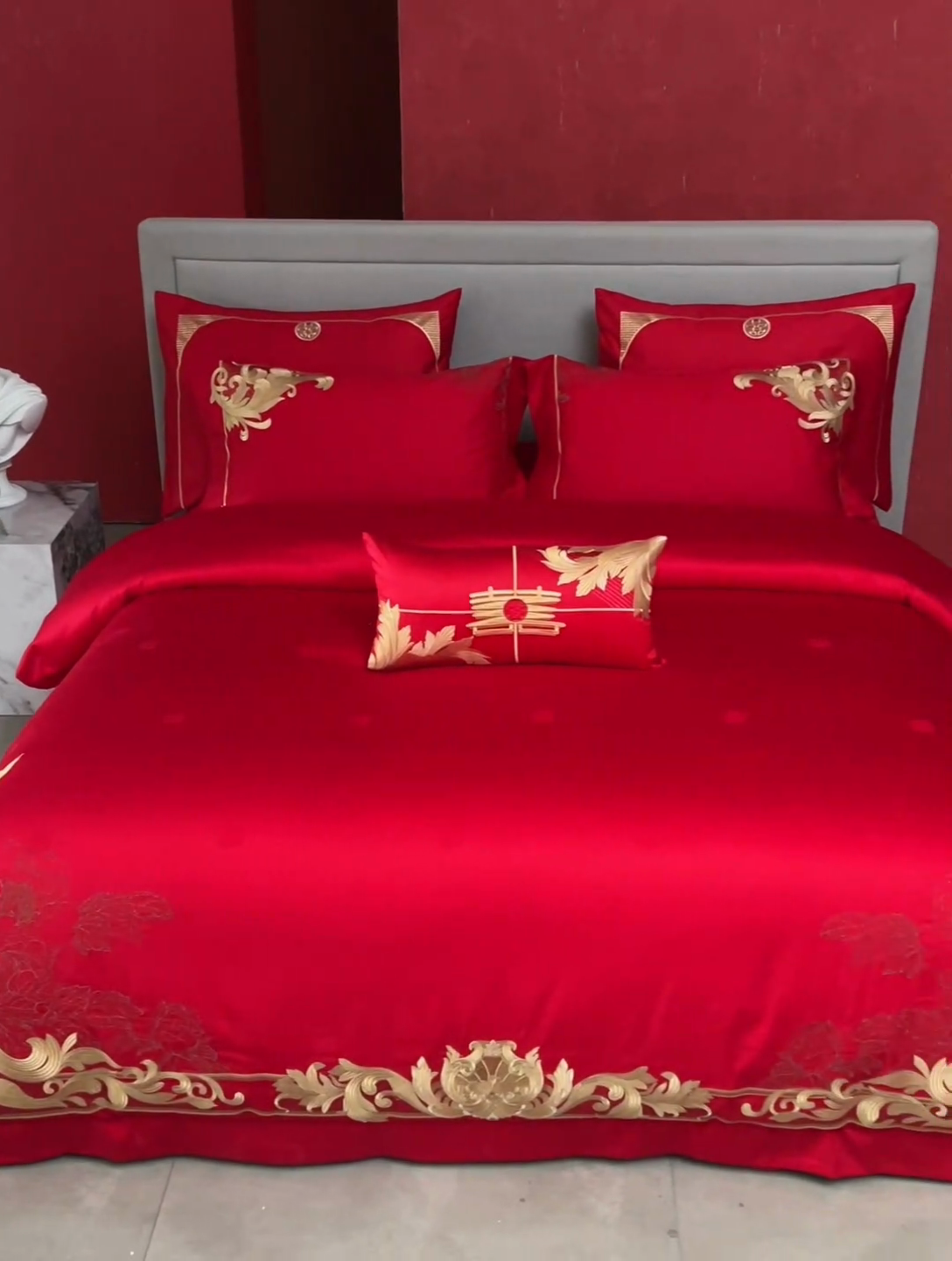 91家纺网 家纺一手货源 找家纺 2025新款长绒棉长绒棉贡缎提花款新中式古典韵味精美刺绣婚庆四件套多件套 盛世华章