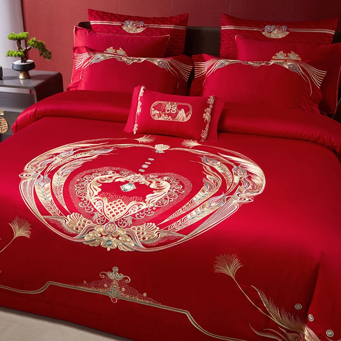 91家纺网 家纺一手货源 找家纺 2025新款长绒棉长绒棉贡缎提花款新中式古典韵味精美刺绣婚庆四件套多件套 喜满天下-