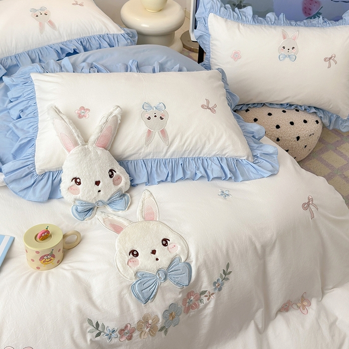 91家纺网 家纺一手货源 找家纺 蜜柚 2024新款全棉加厚水洗棉韩版小清新绣花工艺四件套-萌萌兔 萌萌兔白
