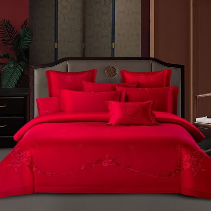 2025新款长绒棉长绒棉贡缎提花款新中式古典韵味精美刺绣婚庆四件套多件套 缔结良缘-红