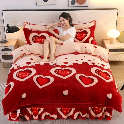 91家纺网 家纺一手货源 找家纺 代芙家纺 7斤重牛奶绒金貂四件套抗静电法莱绒珊瑚绒床裙 一生所爱