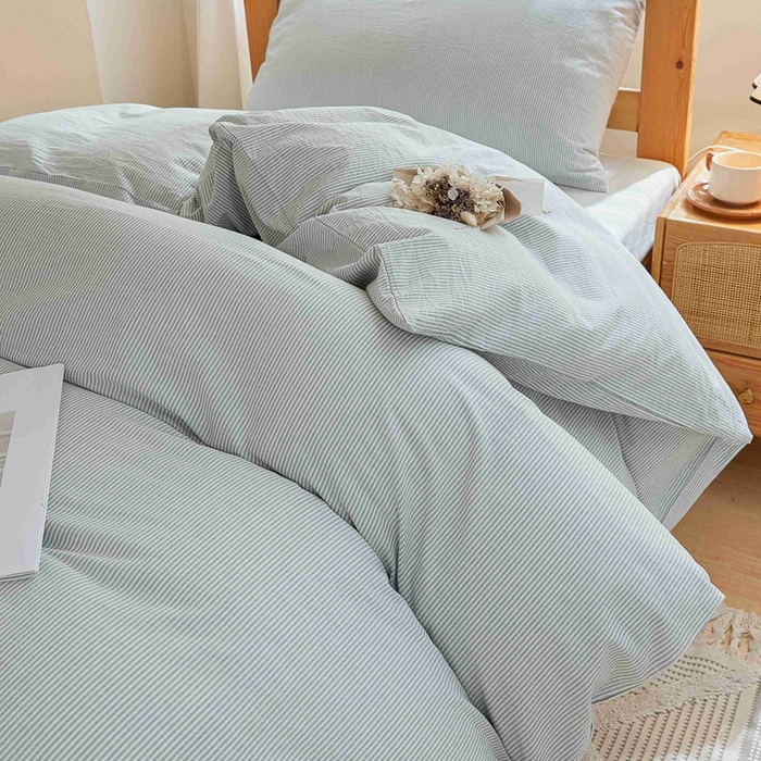 91家纺网 家纺一手货源 找家纺 韩约家纺 2024新款全棉水洗棉三四件套 米条-雾蓝