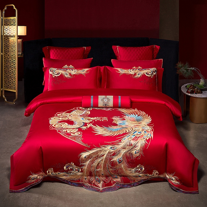 91家纺网 家纺一手货源 找家纺 2025新款长绒棉长绒棉贡缎提花款新中式古典韵味精美刺绣婚庆四件套多件套 龙腾凤跃