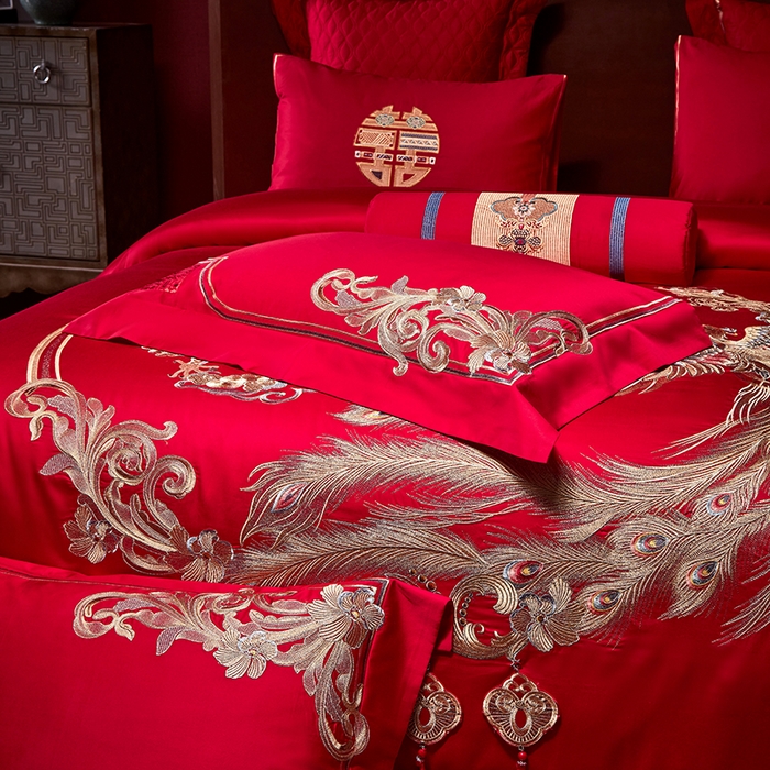 91家纺网 家纺一手货源 找家纺 2025新款长绒棉长绒棉贡缎提花款新中式古典韵味精美刺绣婚庆四件套多件套 龙凤团圆