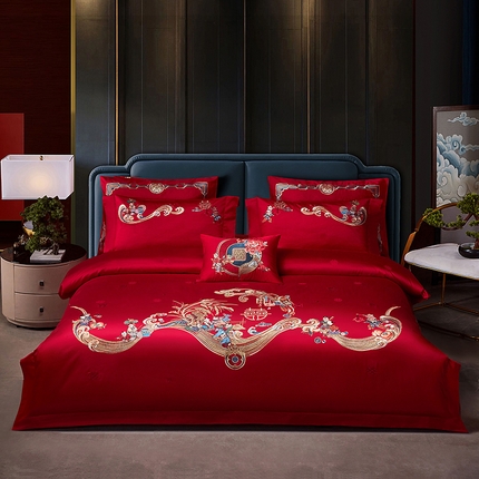 2025新款40s全棉长绒棉新中式刺绣婚庆四件套多件套 百喜纳福