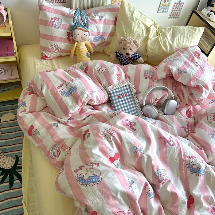 91家纺网 家纺一手货源 找家纺 原素 2024学生季专属A类水洗棉印花四件套 兔兔下午茶