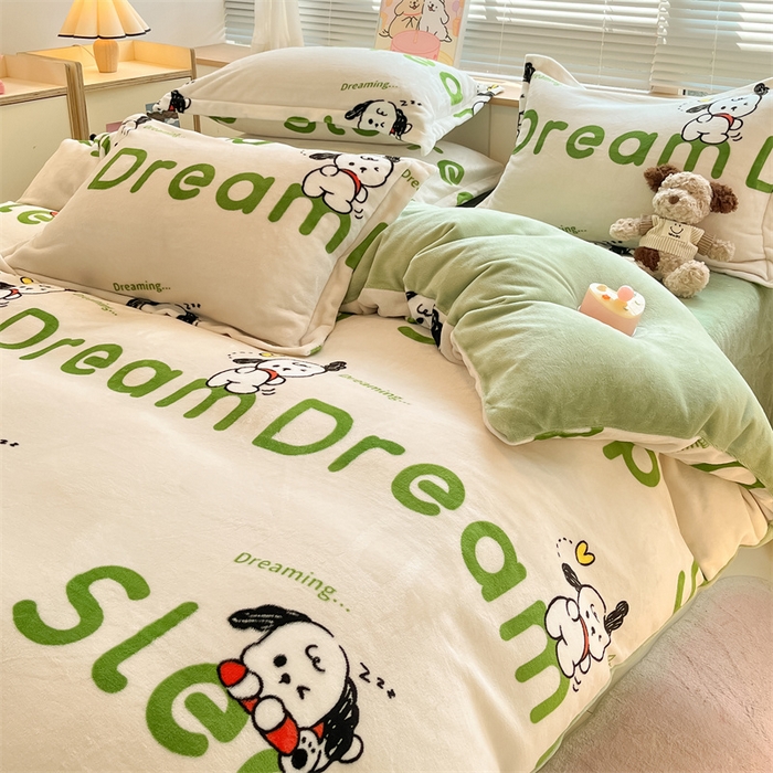 91家纺网 家纺一手货源 找家纺 2024新款A类AB版加厚保暖双面牛奶绒印花四件套--小清新系列 睡觉动物