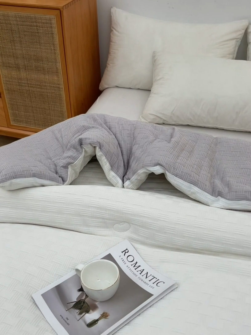 91家纺网 家纺一手货源 找家纺 米米儿家纺 2024新款A类华夫格针织提花大豆被 拼色-灰白色