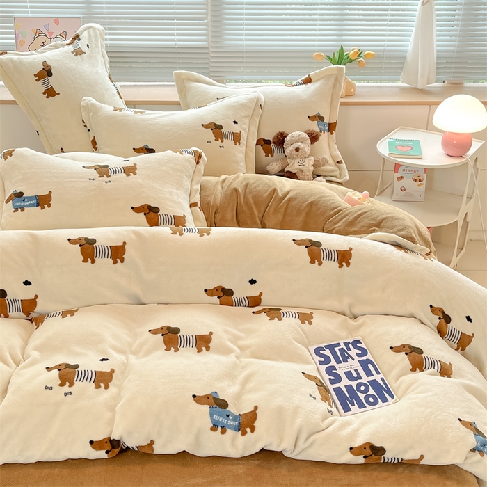 91家纺网 家纺一手货源 找家纺 2024新款A类AB版加厚保暖双面牛奶绒印花四件套--小清新系列 小狗