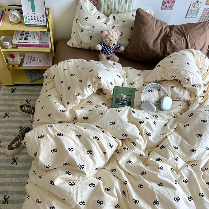 91家纺网 家纺一手货源 找家纺 原素 2024学生季专属A类水洗棉印花四件套 黑蝴蝶结