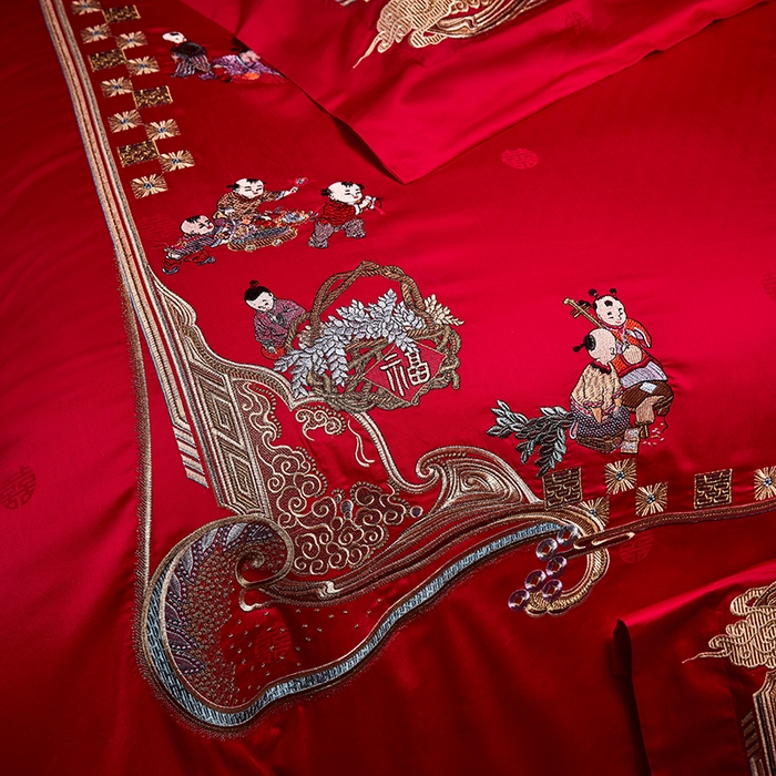 91家纺网 家纺一手货源 找家纺 2025新款长绒棉长绒棉贡缎提花款新中式古典韵味精美刺绣婚庆四件套多件套 百子纳福