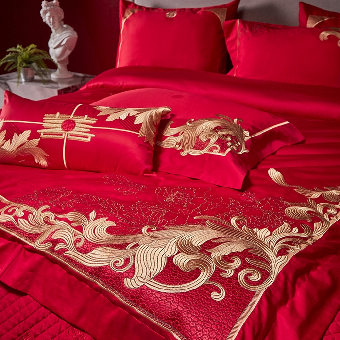 91家纺网 家纺一手货源 找家纺 2025新款长绒棉长绒棉贡缎提花款新中式古典韵味精美刺绣婚庆四件套多件套 盛世华章