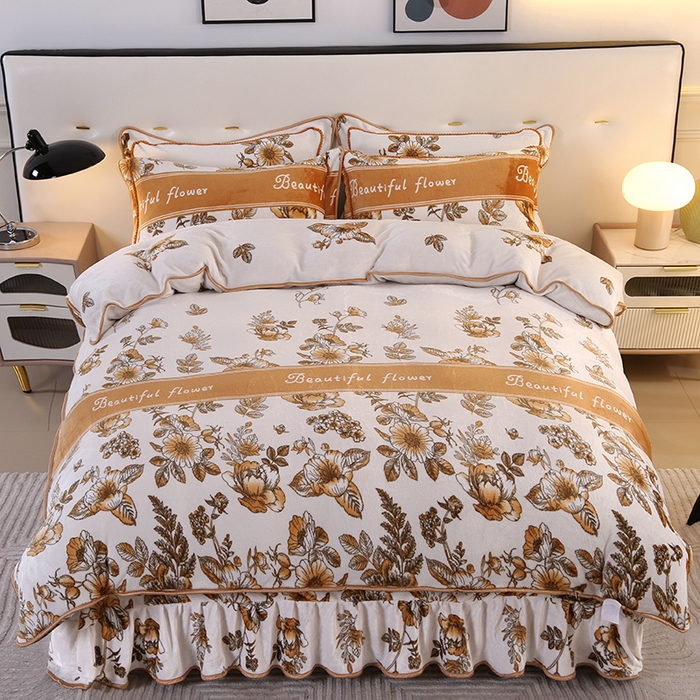 91家纺网 家纺一手货源 找家纺 代芙家纺 7斤重牛奶绒金貂四件套抗静电法莱绒珊瑚绒床裙 花期