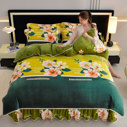 91家纺网 家纺一手货源 找家纺 诺梵 2025直播8.5斤高克重牛奶绒四件套水晶金貂法莱绒床裙款 秋意浓