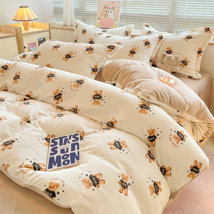 91家纺网 家纺一手货源 找家纺 2024新款A类AB版加厚保暖双面牛奶绒印花四件套--小清新系列 快乐小熊