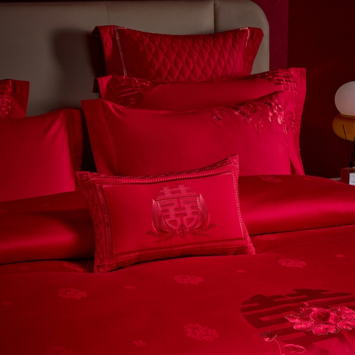 91家纺网 家纺一手货源 找家纺 2025新款长绒棉长绒棉贡缎提花款新中式古典韵味精美刺绣婚庆四件套多件套 牵手一生-红