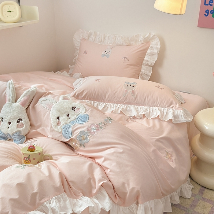 91家纺网 家纺一手货源 找家纺 蜜柚 2024新款全棉加厚水洗棉韩版小清新绣花工艺四件套-萌萌兔 萌萌兔粉