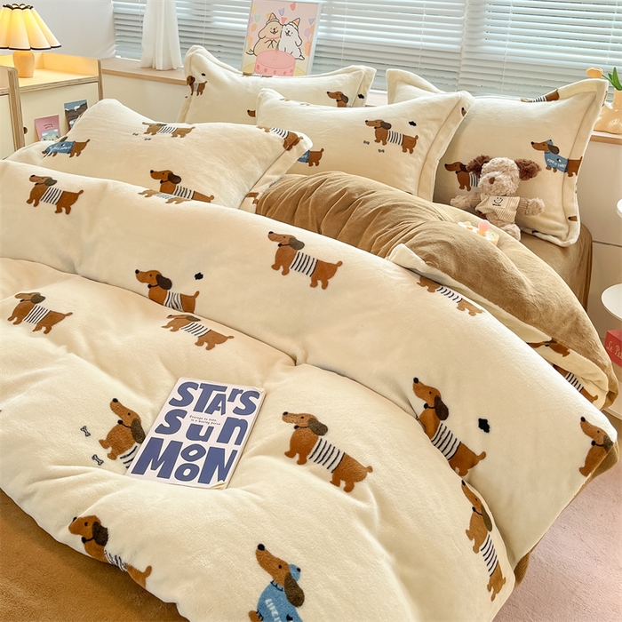 91家纺网 家纺一手货源 找家纺 2024新款A类AB版加厚保暖双面牛奶绒印花四件套--小清新系列 小狗