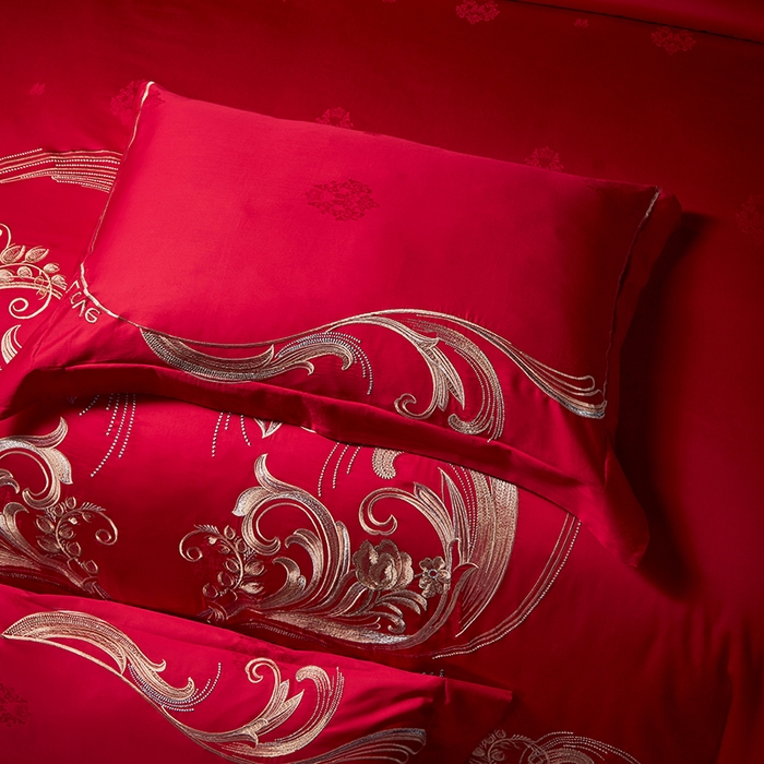 91家纺网 家纺一手货源 找家纺 2025新款长绒棉长绒棉贡缎提花款新中式古典韵味精美刺绣婚庆四件套多件套 永结同心