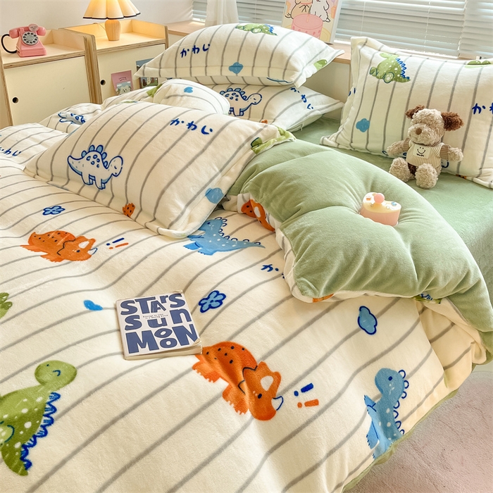 91家纺网 家纺一手货源 找家纺 2024新款A类AB版加厚保暖双面牛奶绒印花四件套--小清新系列 小龟