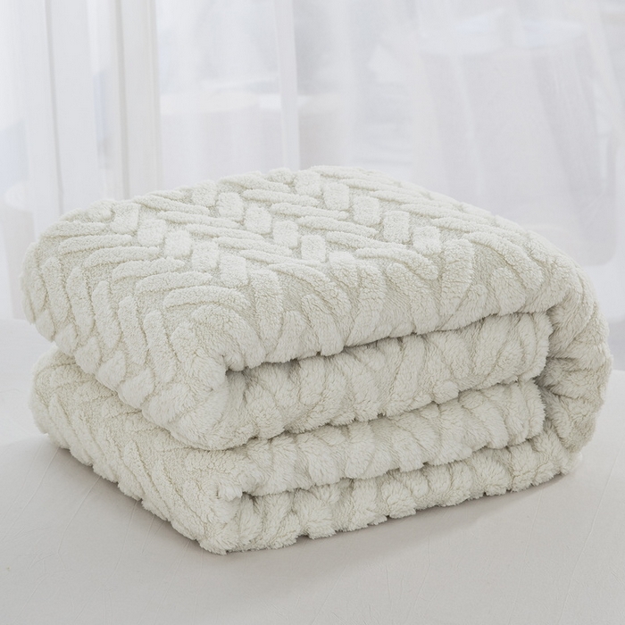 91家纺网 家纺一手货源 找家纺 一左一右 2024秋冬新款高克重单层双面提花塔芙绒毛毯舒棉绒毯多功能毯子外贸跨境电商 米白