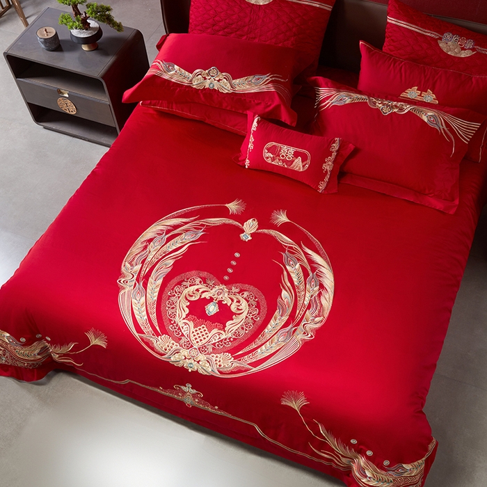 91家纺网 家纺一手货源 找家纺 2025新款长绒棉长绒棉贡缎提花款新中式古典韵味精美刺绣婚庆四件套多件套 喜满天下-