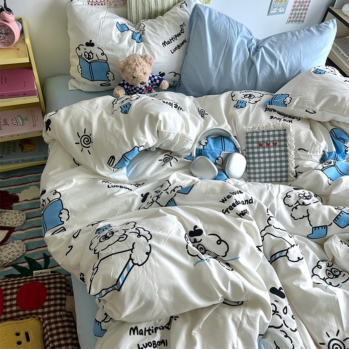 91家纺网 家纺一手货源 找家纺 原素 2024学生季专属A类水洗棉印花四件套 线条狗狗