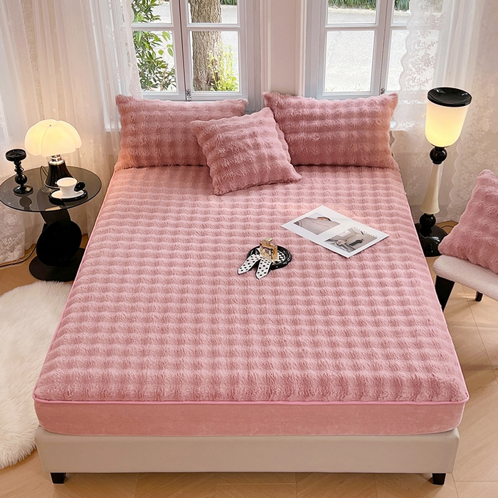 91家纺网 家纺一手货源 找家纺 梦舒羽 2025新款兔毛绒床笠水晶绒床垫保护套牛奶绒床垫套 云梦粉