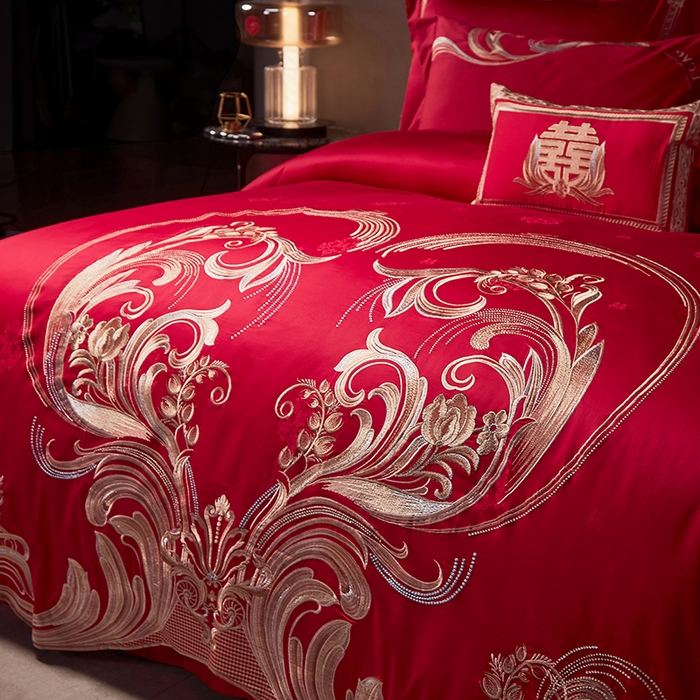 91家纺网 家纺一手货源 找家纺 2025新款长绒棉长绒棉贡缎提花款新中式古典韵味精美刺绣婚庆四件套多件套 永结同心