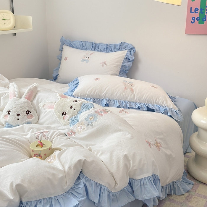 91家纺网 家纺一手货源 找家纺 蜜柚 2024新款全棉加厚水洗棉韩版小清新绣花工艺四件套-萌萌兔 萌萌兔白