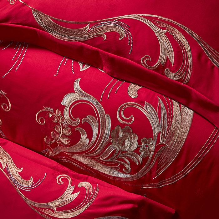 91家纺网 家纺一手货源 找家纺 2025新款长绒棉长绒棉贡缎提花款新中式古典韵味精美刺绣婚庆四件套多件套 永结同心