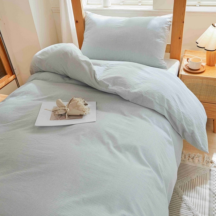 91家纺网 家纺一手货源 找家纺 韩约家纺 2024新款全棉水洗棉三四件套 米条-雾蓝