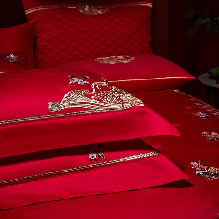 91家纺网 家纺一手货源 找家纺 2025新款长绒棉长绒棉贡缎提花款新中式古典韵味精美刺绣婚庆四件套多件套 百子纳福