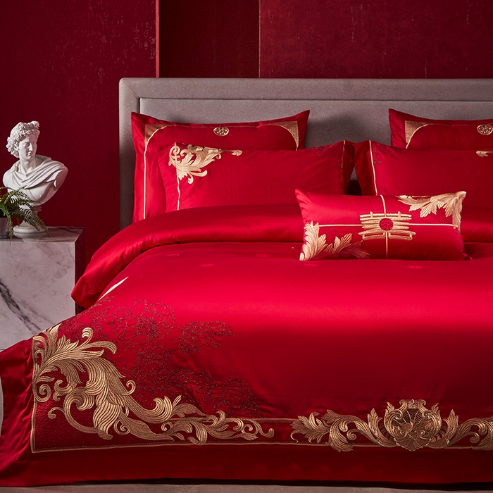 91家纺网 家纺一手货源 找家纺 2025新款长绒棉长绒棉贡缎提花款新中式古典韵味精美刺绣婚庆四件套多件套 盛世华章