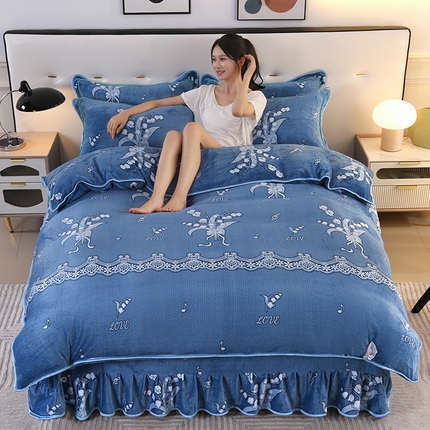 91家纺网 家纺一手货源 找家纺 代芙家纺 7斤重牛奶绒金貂四件套抗静电法莱绒珊瑚绒床裙 玲珑花语