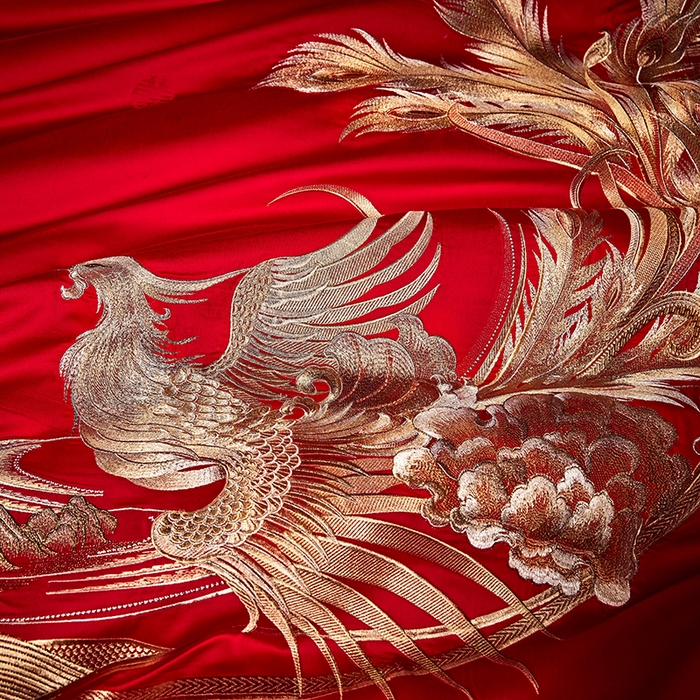 91家纺网 家纺一手货源 找家纺 2025新款长绒棉长绒棉贡缎提花款新中式古典韵味精美刺绣婚庆四件套多件套 金龙玉凤