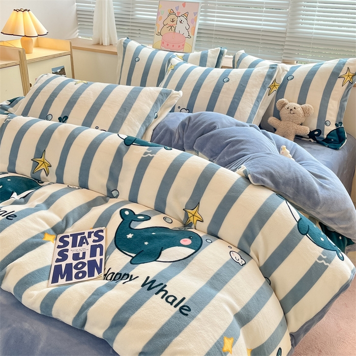 91家纺网 家纺一手货源 找家纺 2024新款A类AB版加厚保暖双面牛奶绒印花四件套--小清新系列 海豚