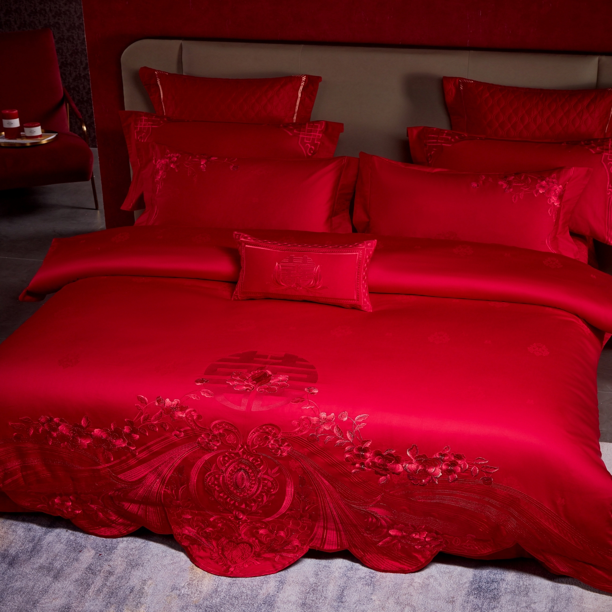 91家纺网 家纺一手货源 找家纺 2025新款长绒棉长绒棉贡缎提花款新中式古典韵味精美刺绣婚庆四件套多件套 牵手一生-红