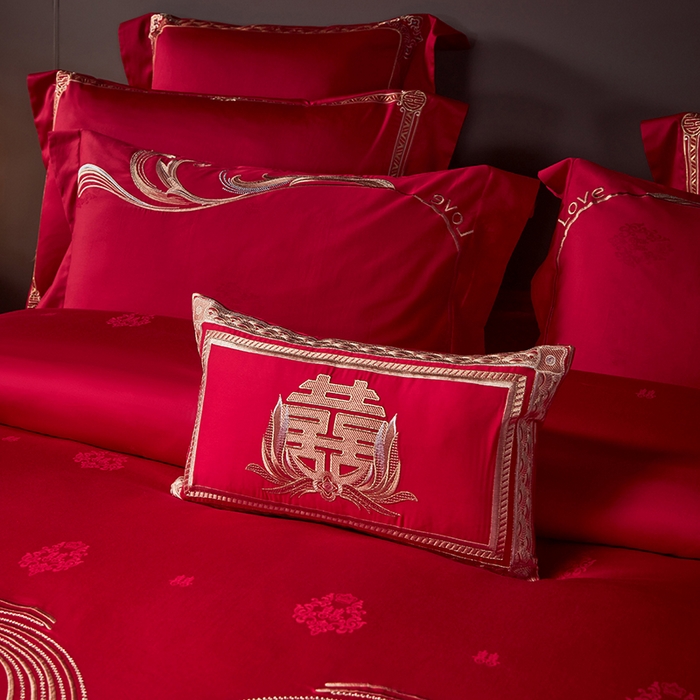 91家纺网 家纺一手货源 找家纺 2025新款长绒棉长绒棉贡缎提花款新中式古典韵味精美刺绣婚庆四件套多件套 永结同心
