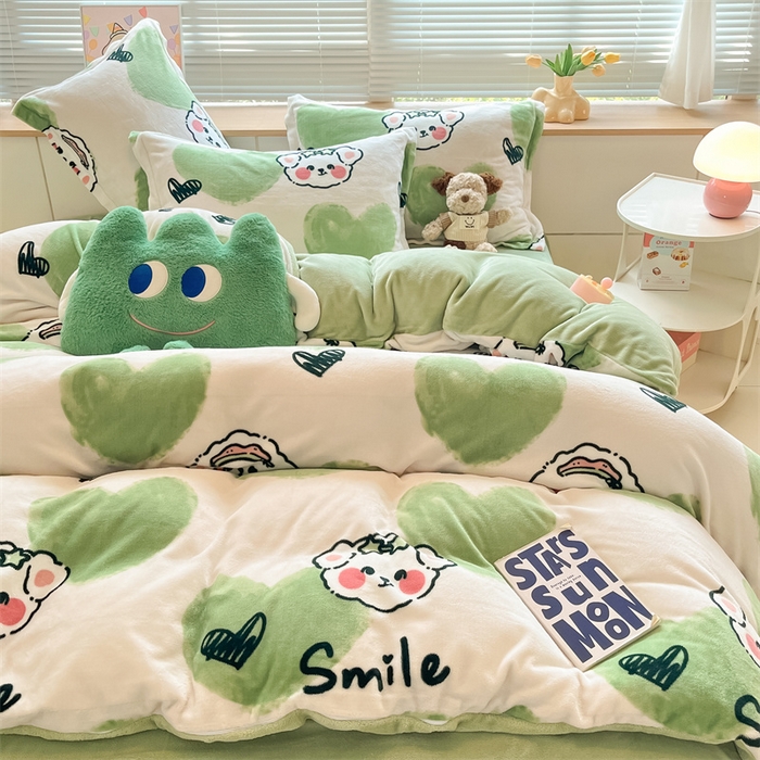 91家纺网 家纺一手货源 找家纺 2024新款A类AB版加厚保暖双面牛奶绒印花四件套--小清新系列 微笑动物