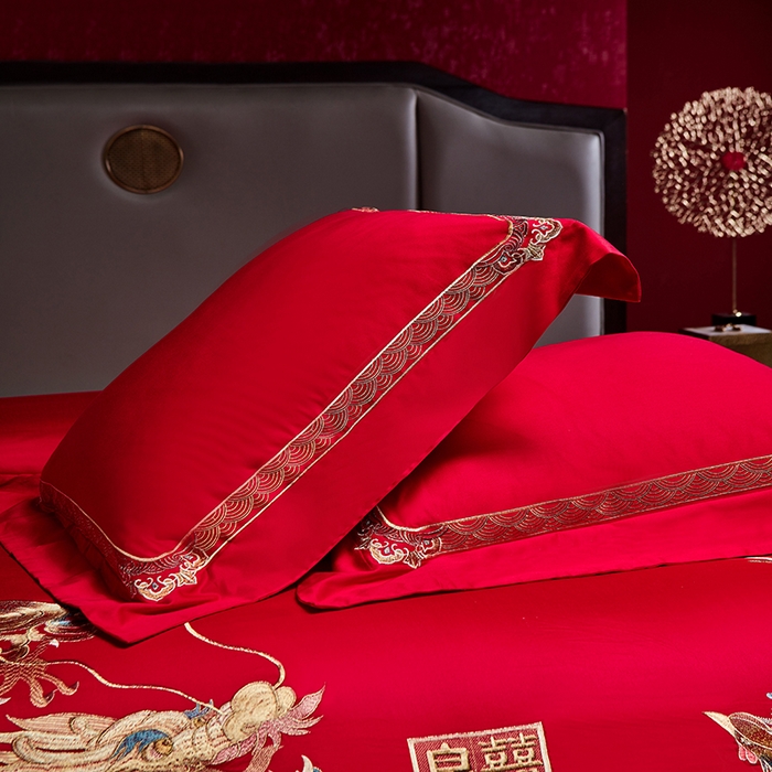 91家纺网 家纺一手货源 找家纺 2025新款长绒棉长绒棉贡缎提花款新中式古典韵味精美刺绣婚庆四件套多件套 龙凤喜缘