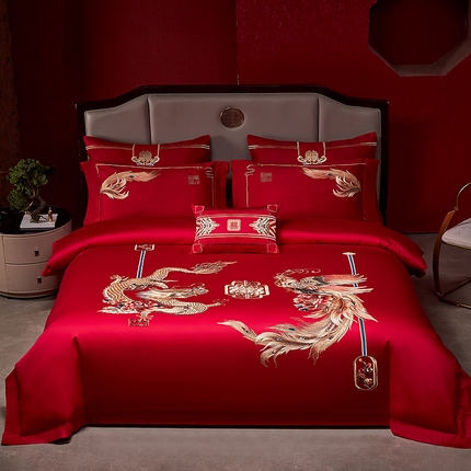 91家纺网 家纺一手货源 找家纺 2025新款40s全棉长绒棉新中式刺绣婚庆四件套多件套 龙凤呈喜