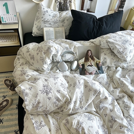 原素 2024学生季专属A类水洗棉印花四件套 素描黑叶